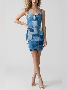 Chic Denim Patchwork Scoop Midi Dress in Blue